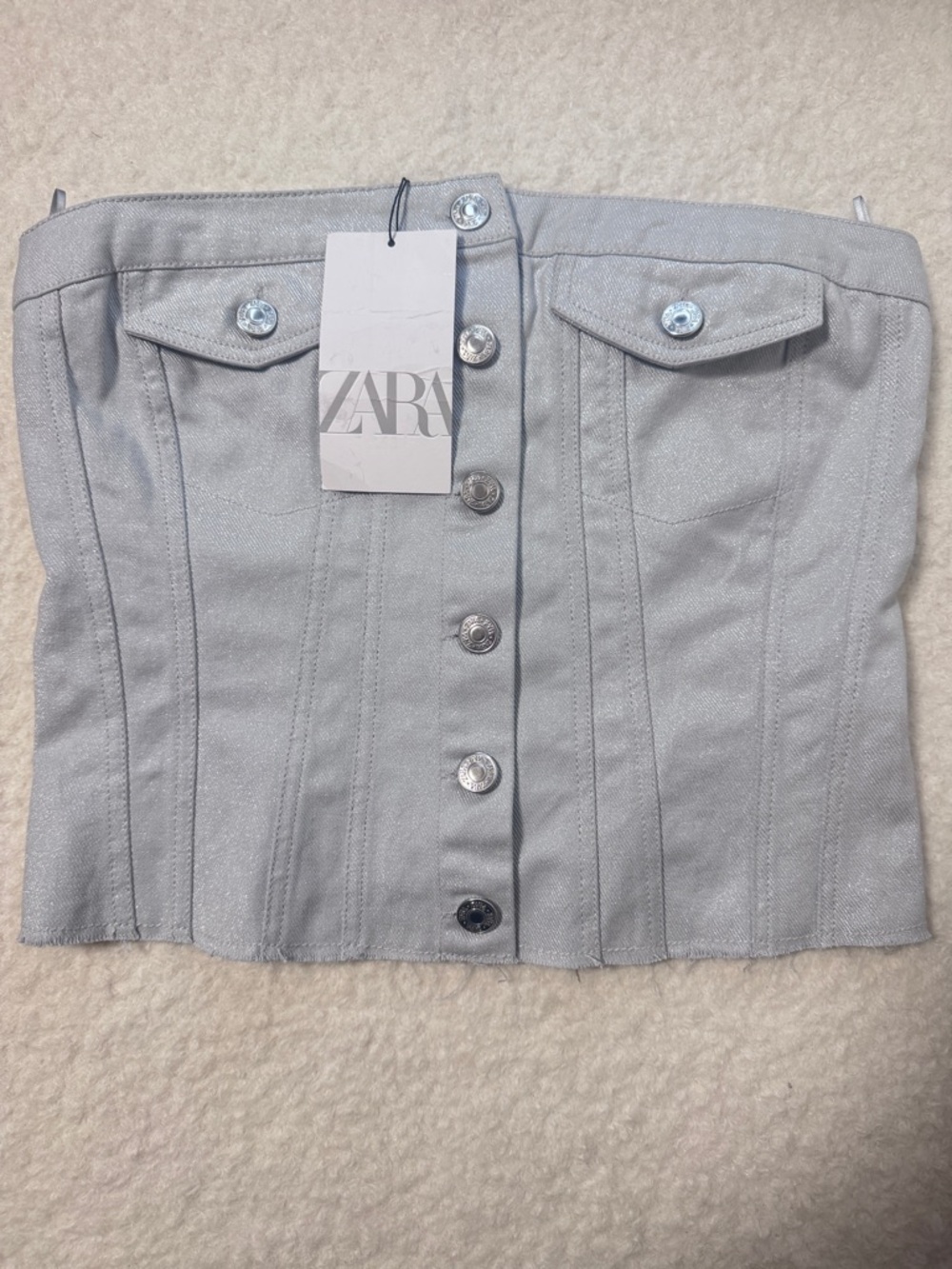 Zara Silver-Gray Strapless Button-Front Skirt
